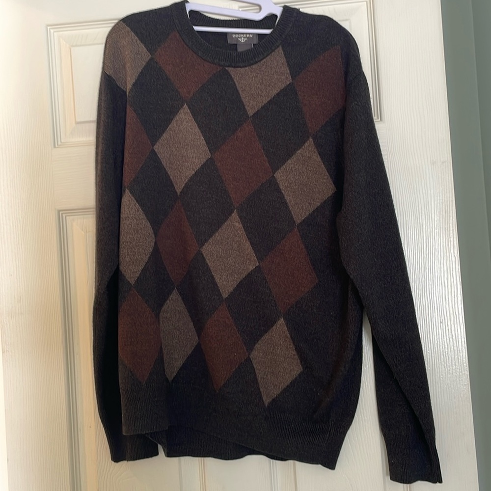 Dockers Argyle Sweater Mens Large Dark Gray Long Sleeve Pullover Crewneck